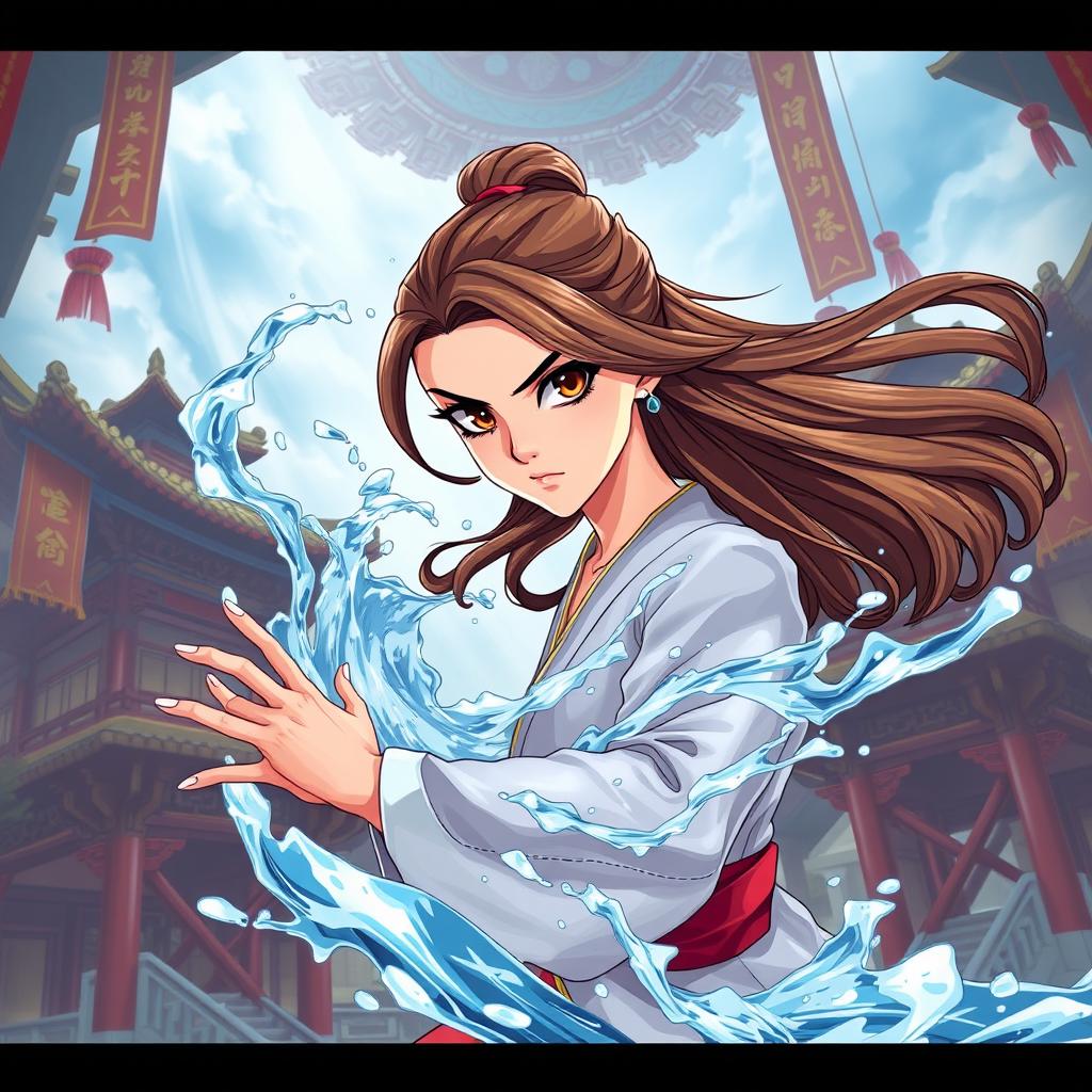 An anime-style illustration of a water-bending woman with flowing brown hair and striking brown eyes, intensely training in an ethereal air temple