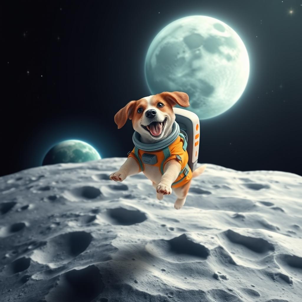 A whimsical scene depicting a dog in a bright, colorful spacesuit, joyfully floating over the moon's surface