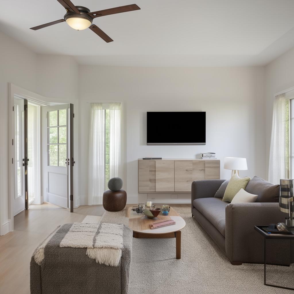 A spacious living room featuring a modern sofa, TV stand with a flat-screen TV, double doors, a ceiling fan, and a 2-foot fish tank.