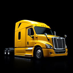 a sleek, clean, and very modern-looking yellow Cascadia Freightliner truck, prominently featured against a solid black background