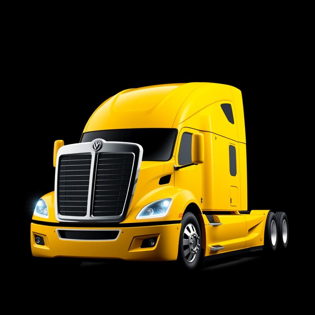 a sleek, clean, and very modern-looking yellow Cascadia Freightliner truck, prominently featured against a solid black background