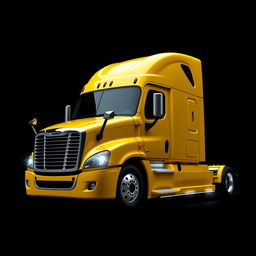 a sleek, clean, and very modern-looking yellow Cascadia Freightliner truck, prominently featured against a solid black background