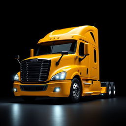 a sleek, clean, and very modern-looking yellow Cascadia Freightliner truck, prominently featured against a solid black background
