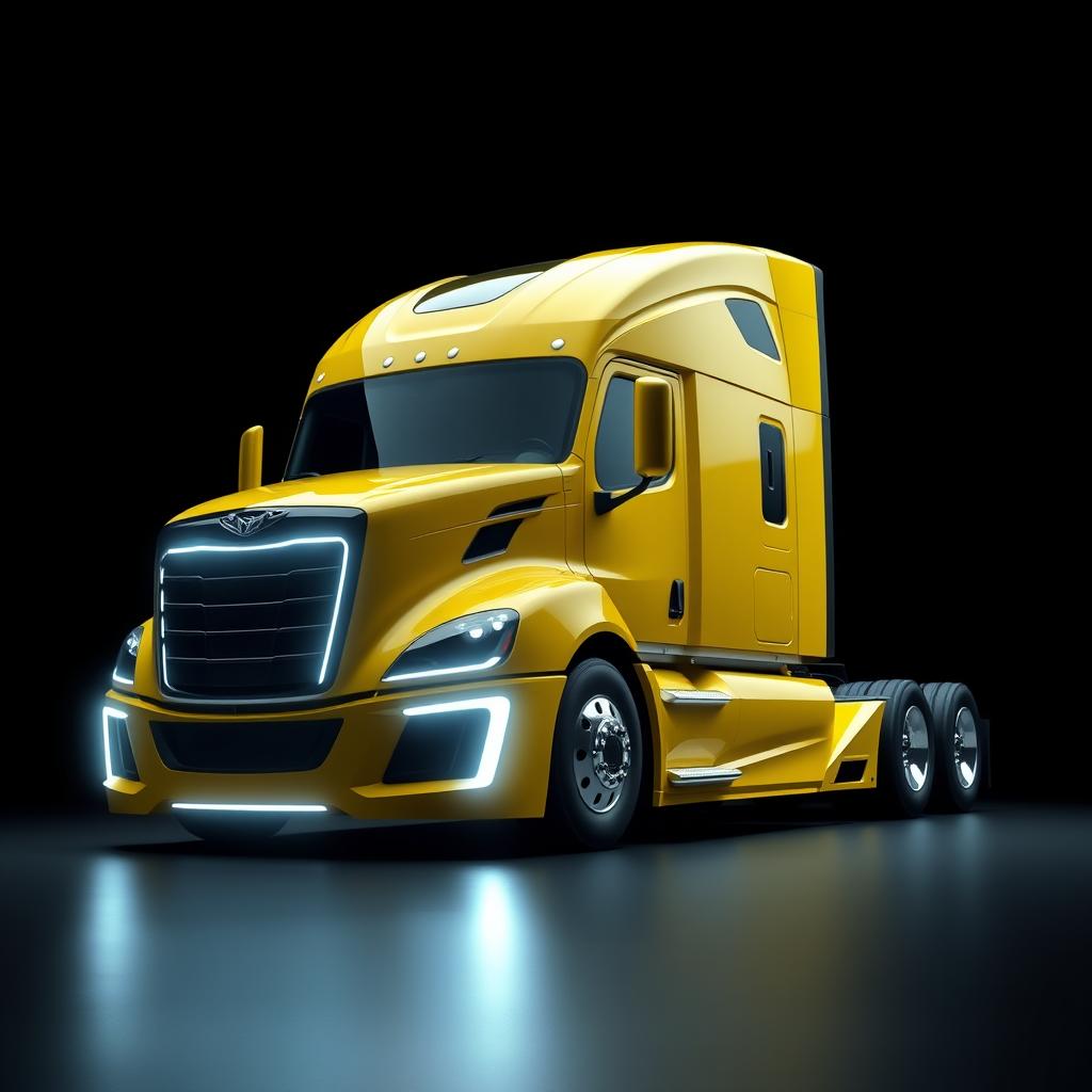 a sleek, clean, and very modern concept-looking yellow Cascadia Freightliner truck, showcasing a futuristic design against a solid black background