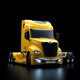 a sleek, clean, and very modern concept-looking yellow Cascadia Freightliner truck, showcasing a futuristic design against a solid black background