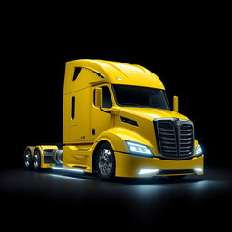 a sleek, clean, and very modern concept-looking yellow Cascadia Freightliner truck, showcasing a futuristic design against a solid black background