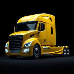 a sleek, clean, and very modern concept-looking yellow Cascadia Freightliner truck, showcasing a futuristic design against a solid black background