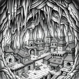 A detailed black and white drawing of a dwarven underground city, constructed within a cavern that features imposing stalactites and stalagmites