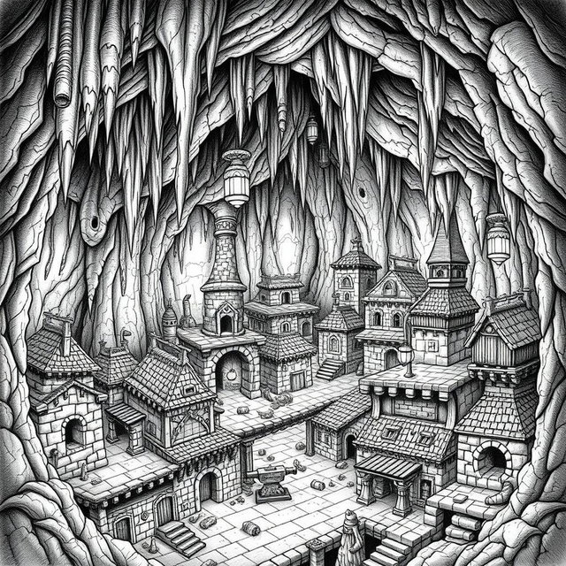A detailed black and white drawing of a dwarven underground city, constructed within a cavern that features imposing stalactites and stalagmites