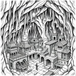 A detailed black and white drawing of a dwarven underground city, constructed within a cavern that features imposing stalactites and stalagmites
