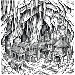 A detailed black and white drawing of a dwarven underground city, constructed within a cavern that features imposing stalactites and stalagmites
