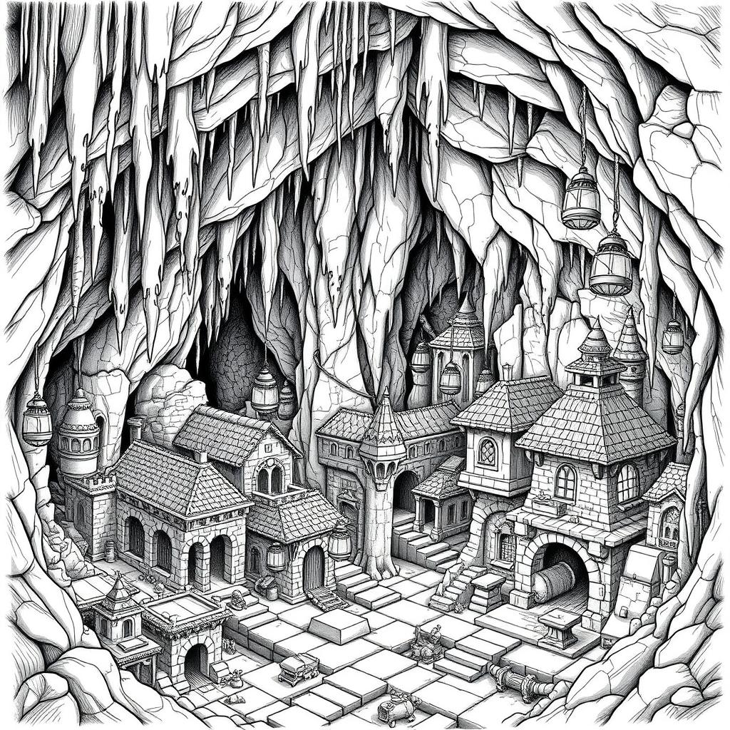 A detailed black and white drawing of a dwarven underground city, constructed within a cavern that features imposing stalactites and stalagmites