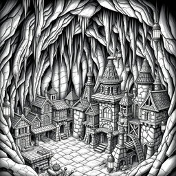 A detailed black and white drawing of a dwarven underground city, constructed within a cavern that features imposing stalactites and stalagmites