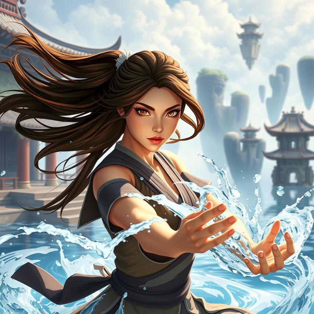 A dynamic scene featuring a powerful water bending woman in the style of 'Avatar: The Legend of Korra'