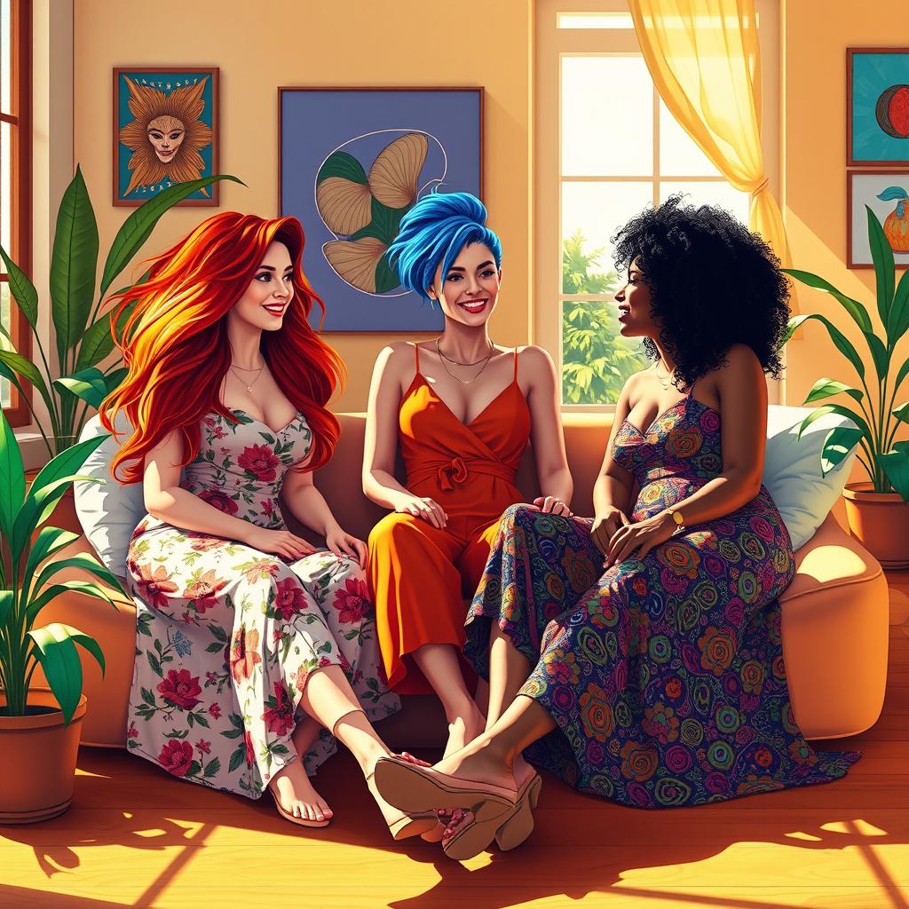 A vibrant and artistic depiction of three women lounging together in a sunlit room, showcasing their unique personalities and diverse styles