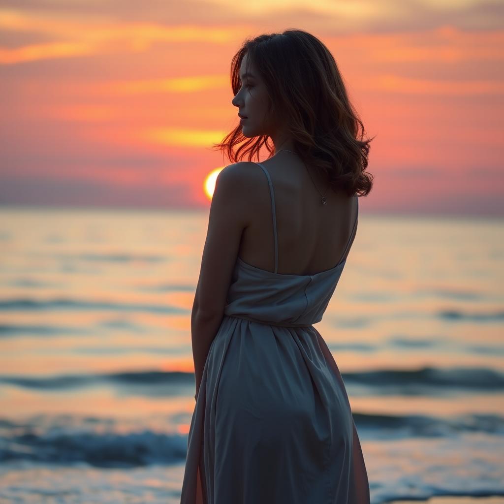 A stylish young woman standing with her back to the viewer, showcasing a flowing dress that elegantly drapes around her figure as she gazes out at a serene beach sunset