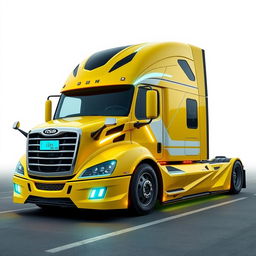 a futuristic cyberpunk-style yellow Freightliner Cascadia, merging elements of technology with urban aesthetics