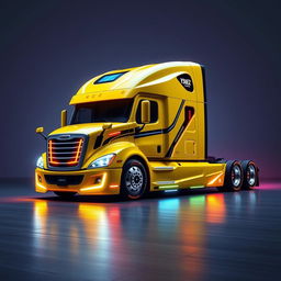 a futuristic cyberpunk-style yellow Freightliner Cascadia, merging elements of technology with urban aesthetics