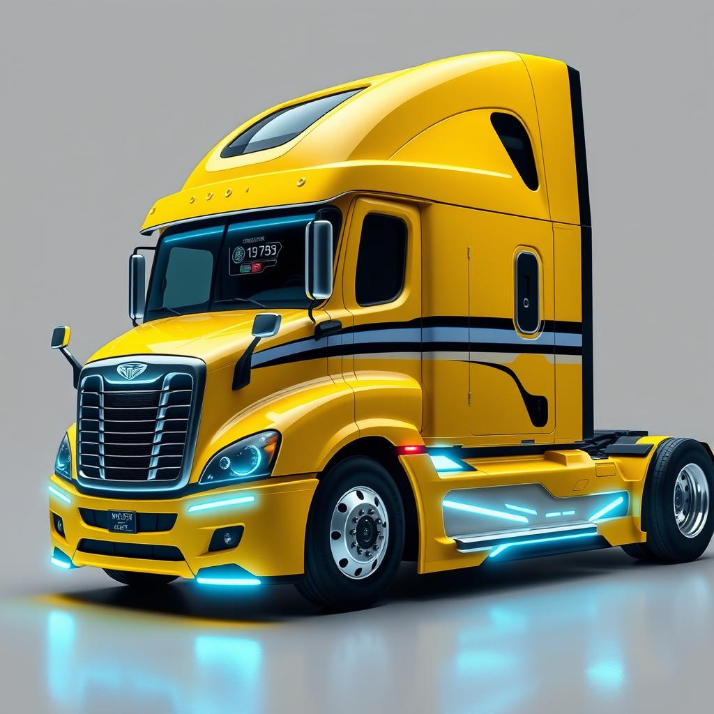 a futuristic cyberpunk-style yellow Freightliner Cascadia, merging elements of technology with urban aesthetics