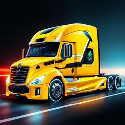 a futuristic cyberpunk-style yellow Freightliner Cascadia, merging elements of technology with urban aesthetics