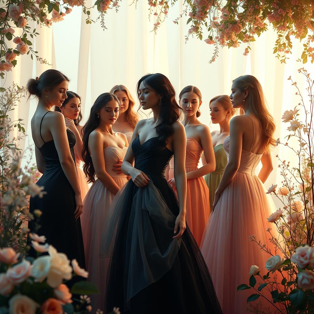 A gathering of elegant women in an artistic setting, showcasing beauty and grace in an aesthetic manner