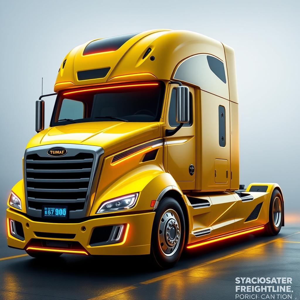 a futuristic cyberpunk-style yellow Freightliner Cascadia, blending elements of advanced technology and urban aesthetics