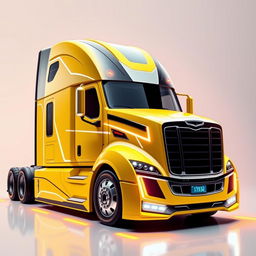 a futuristic cyberpunk-style yellow Freightliner Cascadia, blending elements of advanced technology and urban aesthetics