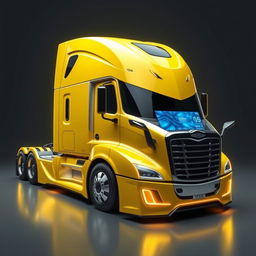 a futuristic cyberpunk-style yellow Freightliner Cascadia, blending elements of advanced technology and urban aesthetics