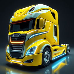 a futuristic cyberpunk-style yellow Freightliner Cascadia, blending elements of advanced technology and urban aesthetics