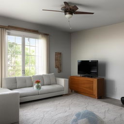 A spacious living room featuring a modern sofa, TV stand with a flat-screen TV, double doors, a ceiling fan, and a 2-foot fish tank.