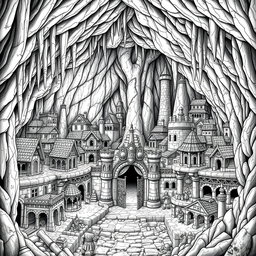 A detailed black and white drawing of a dwarven underground city, meticulously laid out in squared city blocks