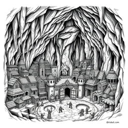 A detailed black and white drawing of a dwarven underground city, meticulously laid out in squared city blocks
