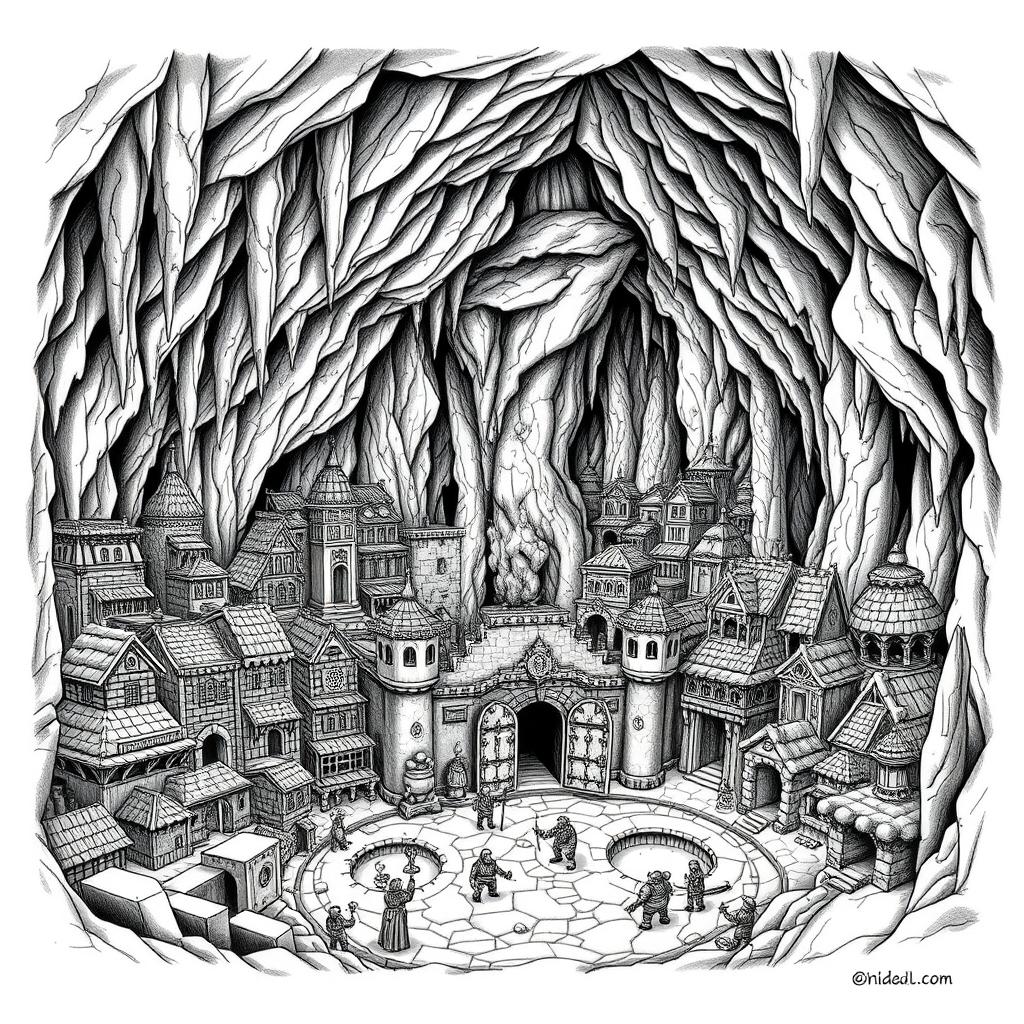 A detailed black and white drawing of a dwarven underground city, meticulously laid out in squared city blocks