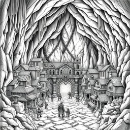 A detailed black and white drawing of a dwarven underground city, meticulously laid out in squared city blocks