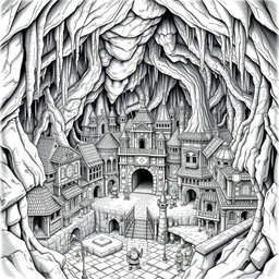 A detailed black and white drawing of a dwarven underground city, meticulously laid out in squared city blocks