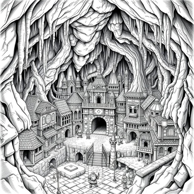 A detailed black and white drawing of a dwarven underground city, meticulously laid out in squared city blocks