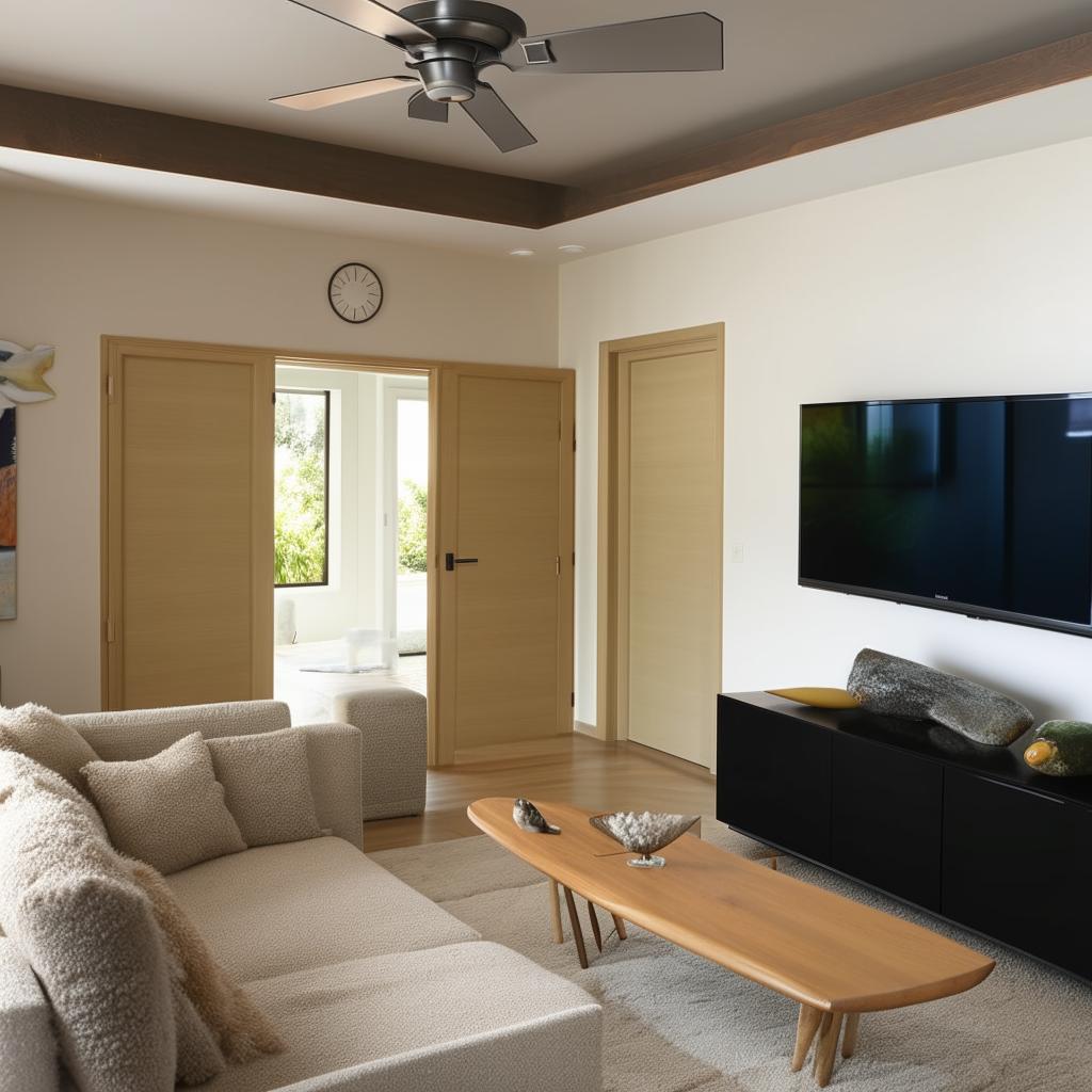 A spacious living room featuring a modern sofa, TV stand with a flat-screen TV, double doors, a ceiling fan, and a 2-foot fish tank.