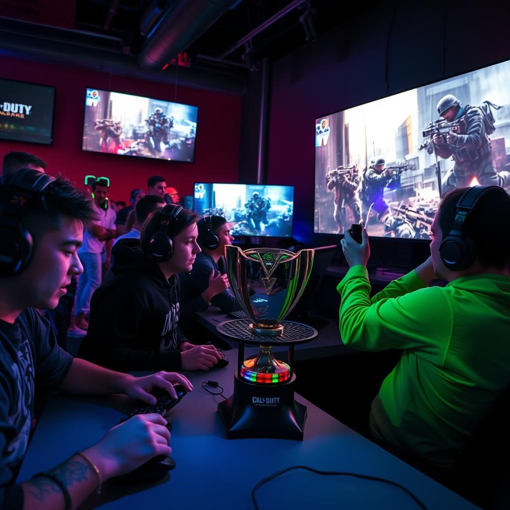 An intense scene from a Call of Duty Modern Warfare 3 tournament, featuring a group of competitive gamers intensely focused on their screens, wearing headphones and displaying a range of emotions from concentration to excitement