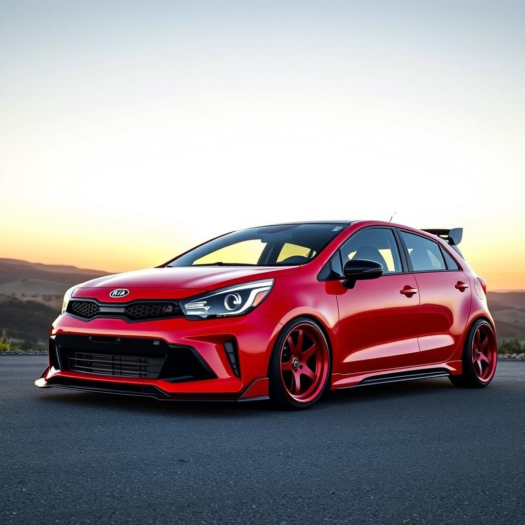 A modified Kia Rio X Line with a sporty stance, showcasing an aggressive body kit, lowered suspension, stylish alloy wheels, and an eye-catching paint job
