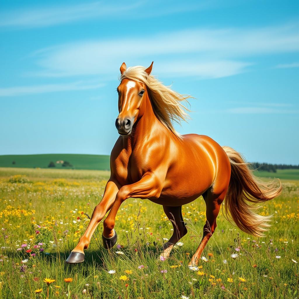 A beautiful horse with long mane galloping in a vast meadow