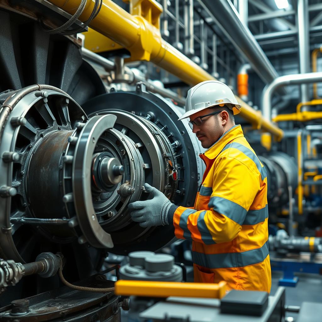 A mechanical engineer in the oil industry working on repairing a gas turbine