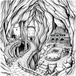 A detailed black and white drawing of a dwarven underground road winding up and down through a gigantic cavern, showcasing the impressive scale of the subterranean landscape