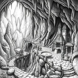 A detailed black and white drawing of a dwarven underground road winding up and down through a gigantic cavern, showcasing the impressive scale of the subterranean landscape