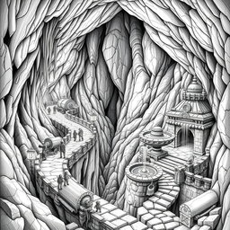 A detailed black and white drawing of a dwarven underground road winding up and down through a gigantic cavern, showcasing the impressive scale of the subterranean landscape