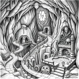 A detailed black and white drawing of a dwarven underground road winding up and down through a gigantic cavern, showcasing the impressive scale of the subterranean landscape