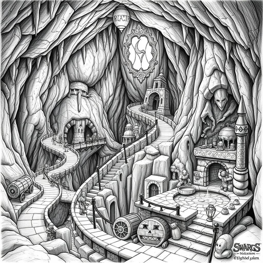 A detailed black and white drawing of a dwarven underground road winding up and down through a gigantic cavern, showcasing the impressive scale of the subterranean landscape