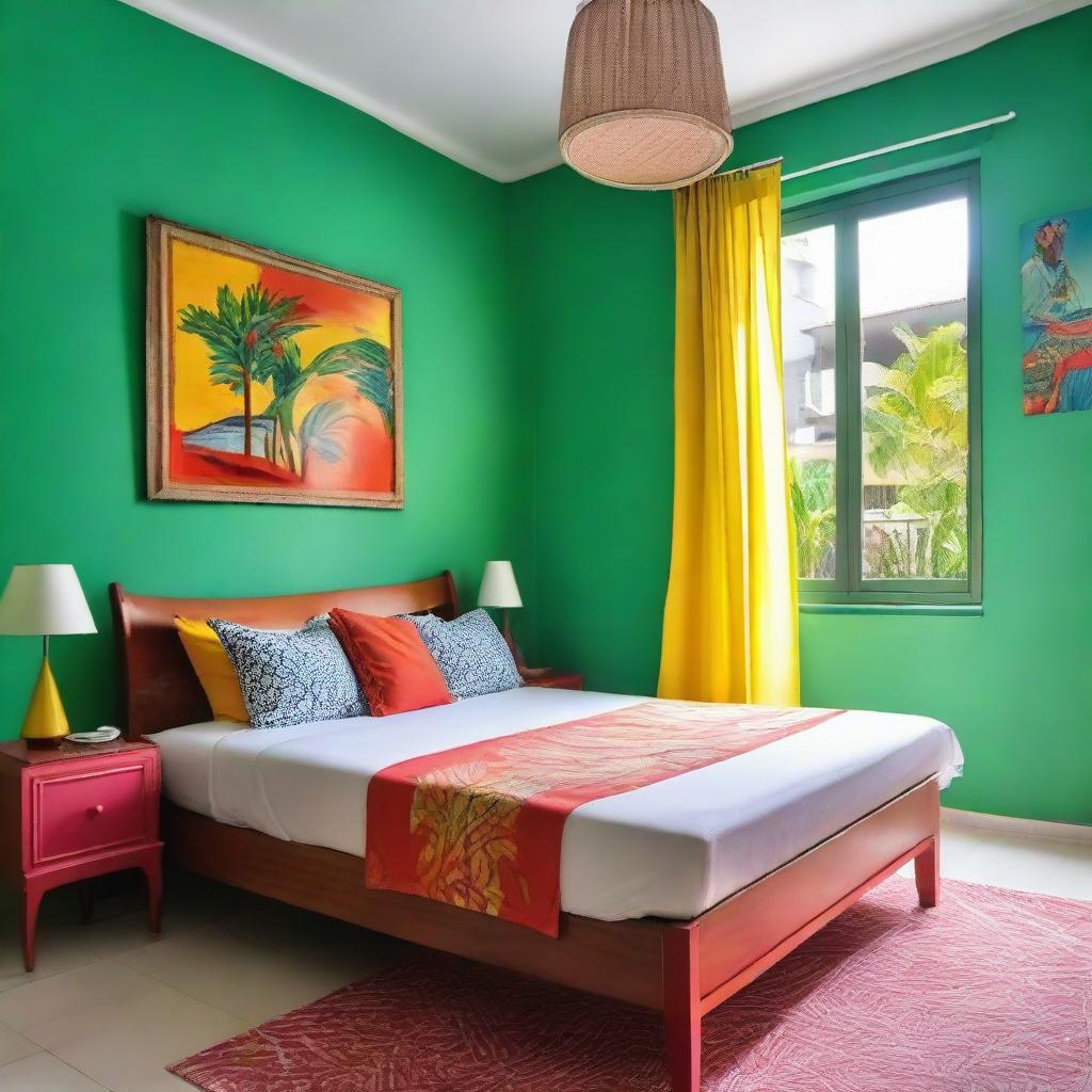 A 5.5m² bedroom featuring a double bed and a cabinet, decorated in vibrant, tropical colors.