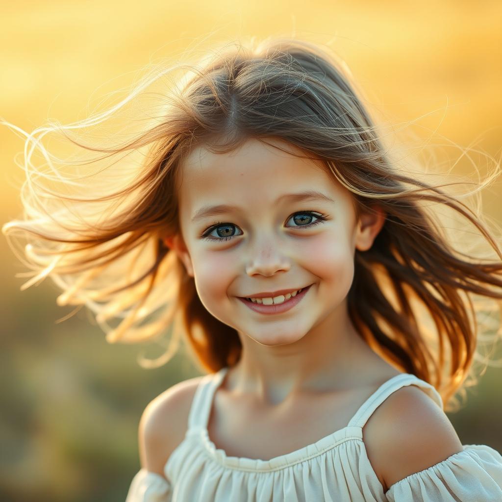 A portrait of a 10-year-old girl with an innocent and beautiful face, her hair flowing in the wind, radiating joy and innocence