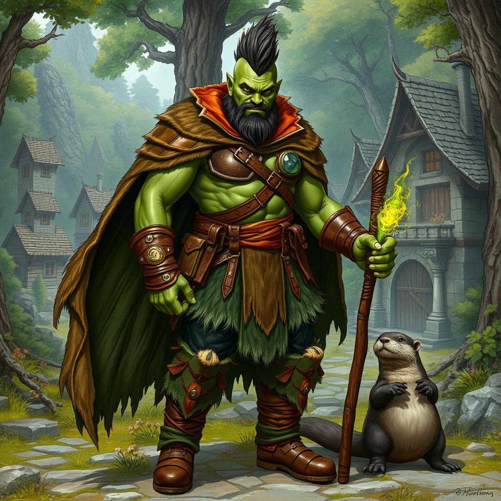 A full body portrayal of a male half-orc druid with green skin, wearing rugged leather armor complemented by stylish boots