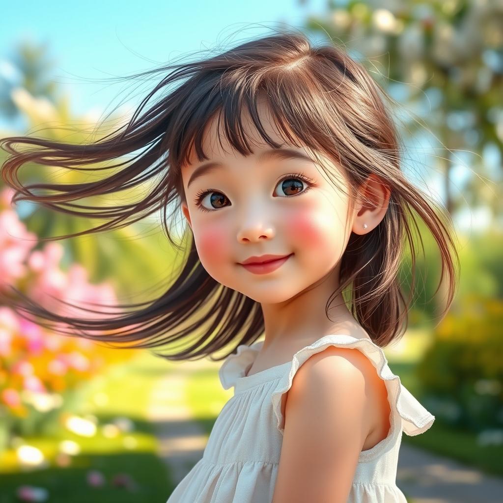 A 10-year-old girl named SOGAND with an innocent and beautiful face, her hair flowing in the wind, wearing a light summer dress